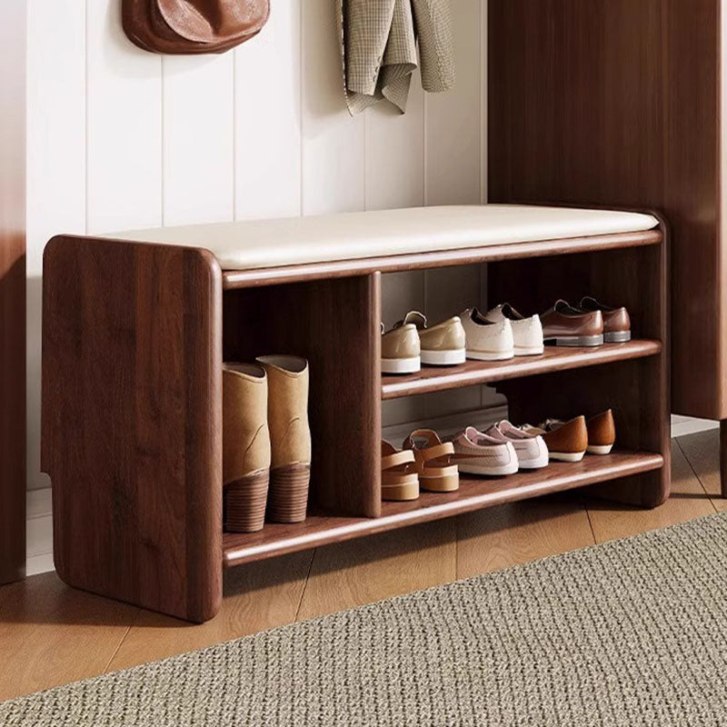 Modern Minimalist Solid Wood PU Leather Rounded Rectangle Shoe Bench 2-Tier For Living Room