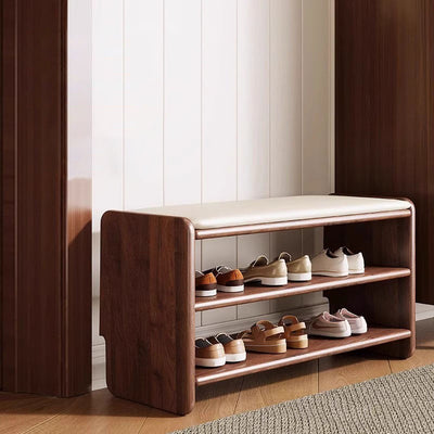 Modern Minimalist Solid Wood PU Leather Rounded Rectangle Shoe Bench 2-Tier For Living Room