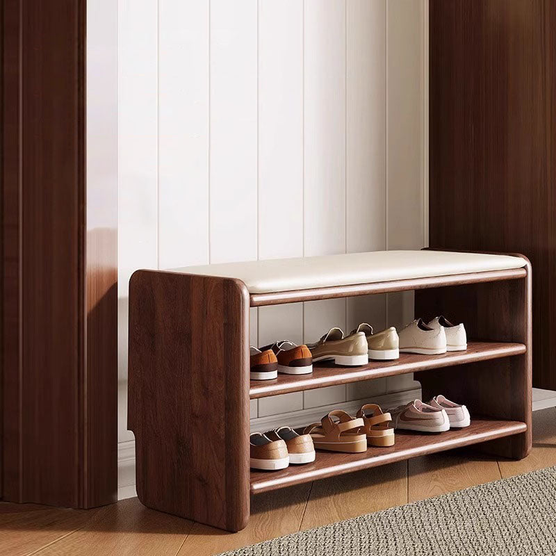 Modern Minimalist Solid Wood PU Leather Rounded Rectangle Shoe Bench 2-Tier For Living Room