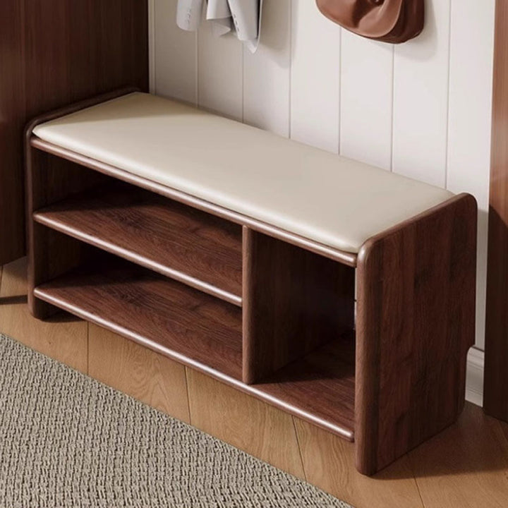 Modern Minimalist Solid Wood PU Leather Rounded Rectangle Shoe Bench 2-Tier For Living Room