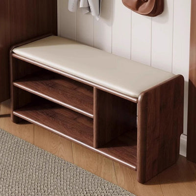 Modern Minimalist Solid Wood PU Leather Rounded Rectangle Shoe Bench 2-Tier For Living Room