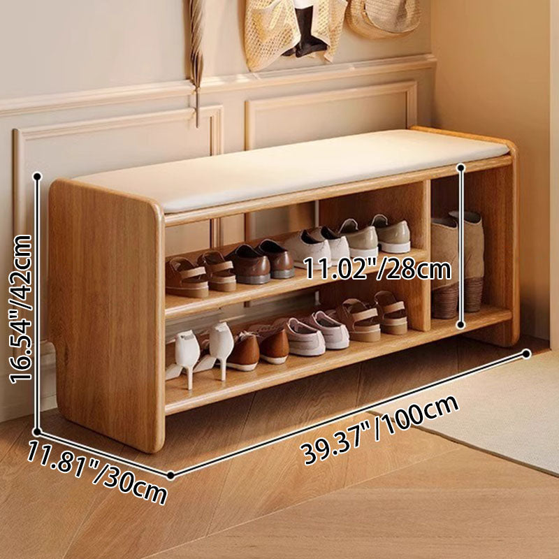 Modern Minimalist Solid Wood PU Leather Rounded Rectangle Shoe Bench 2-Tier For Living Room