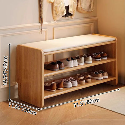 Modern Minimalist Solid Wood PU Leather Rounded Rectangle Shoe Bench 2-Tier For Living Room