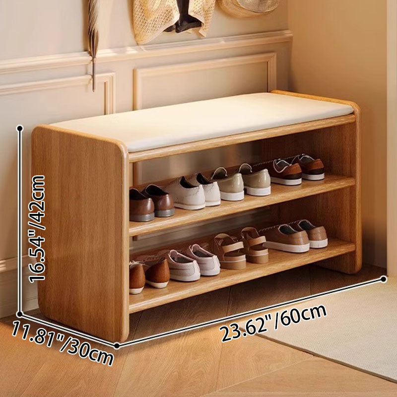 Modern Minimalist Solid Wood PU Leather Rounded Rectangle Shoe Bench 2-Tier For Living Room