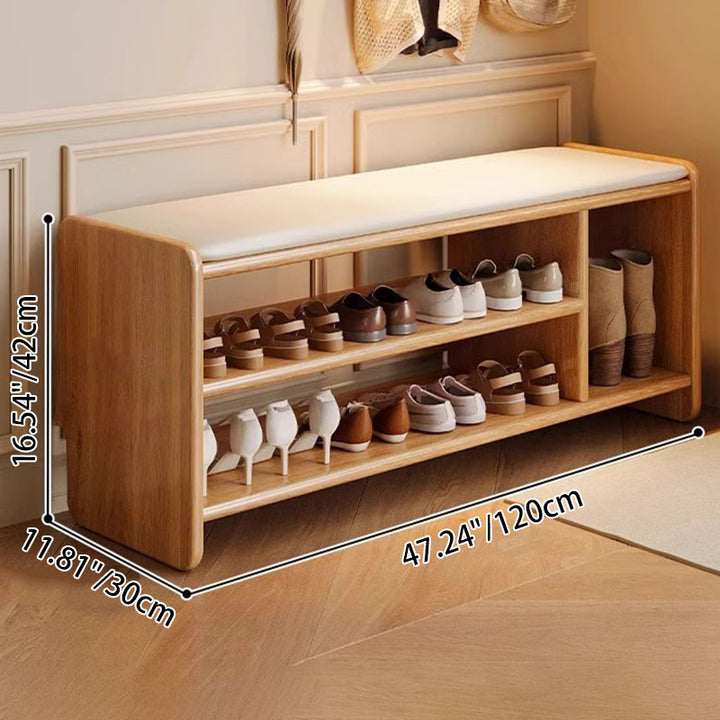 Modern Minimalist Solid Wood PU Leather Rounded Rectangle Shoe Bench 2-Tier For Living Room