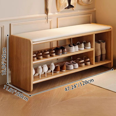 Modern Minimalist Solid Wood PU Leather Rounded Rectangle Shoe Bench 2-Tier For Living Room