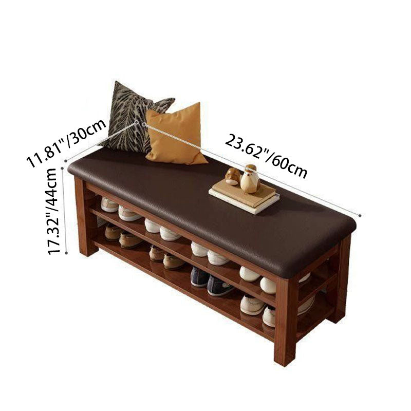Traditional Chinese Faux Leather Solid Wood MDF Rounded Rectangle Shoe Bench 2-Tier For Living Room