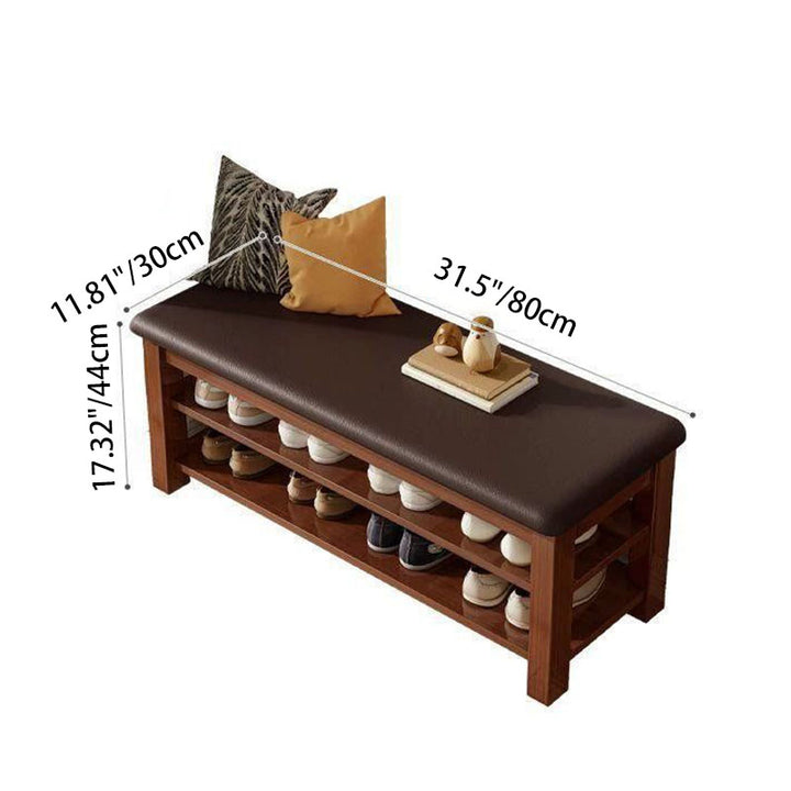 Banc à chaussures rectangulaire arrondi à 2 niveaux en faux cuir traditionnel chinois, bois massif et MDF pour salon 