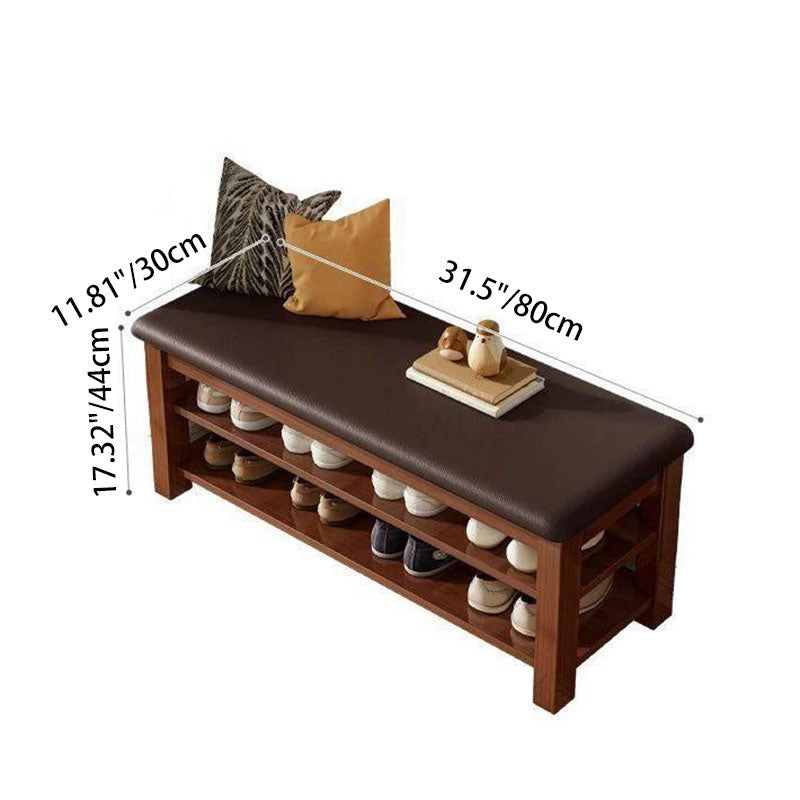 Traditional Chinese Faux Leather Solid Wood MDF Rounded Rectangle Shoe Bench 2-Tier For Living Room