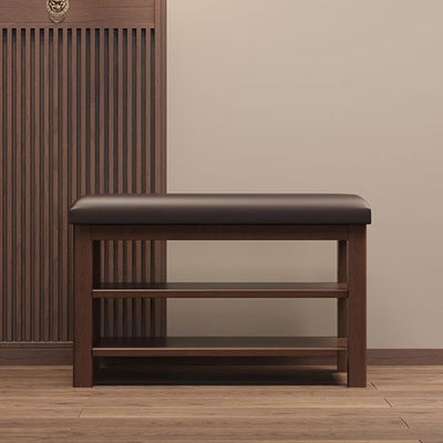 Traditional Chinese Faux Leather Solid Wood MDF Rounded Rectangle Shoe Bench 2-Tier For Living Room