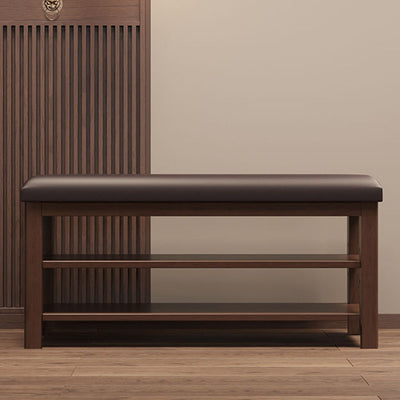 Traditional Chinese Faux Leather Solid Wood MDF Rounded Rectangle Shoe Bench 2-Tier For Living Room