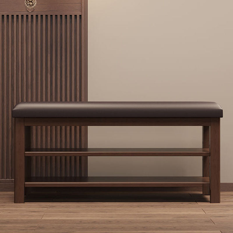 Traditional Chinese Faux Leather Solid Wood MDF Rounded Rectangle Shoe Bench 2-Tier For Living Room