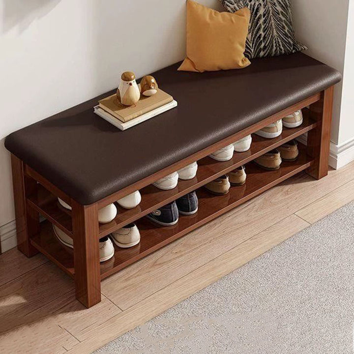 Banc à chaussures rectangulaire arrondi à 2 niveaux en faux cuir traditionnel chinois, bois massif et MDF pour salon 