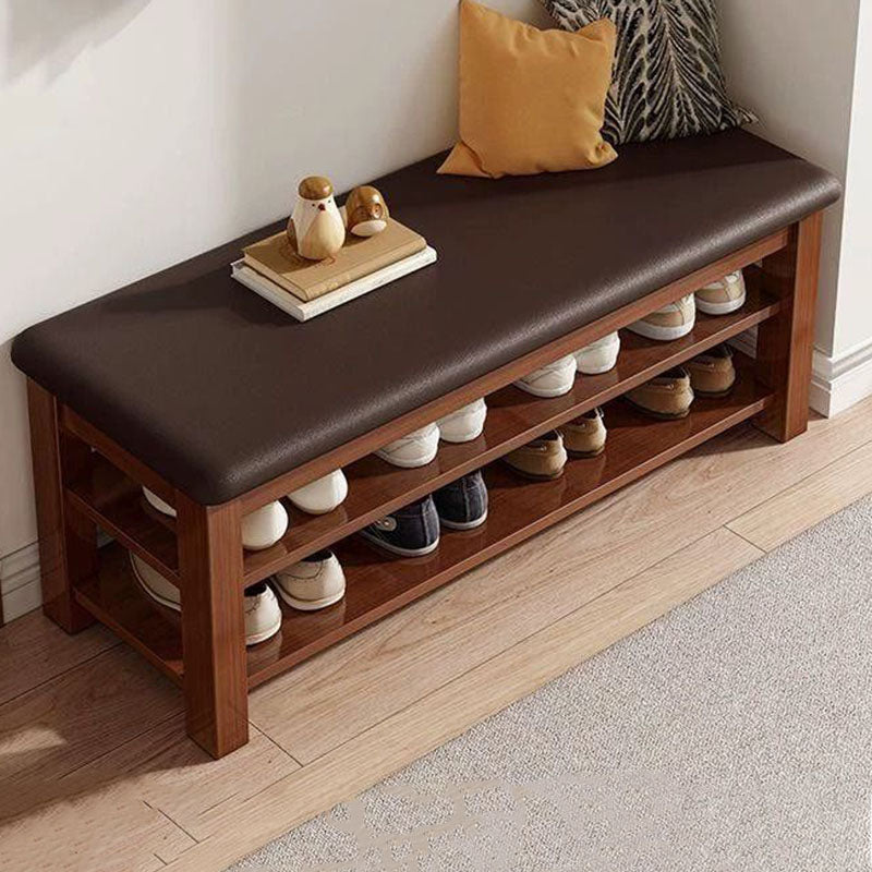 Traditional Chinese Faux Leather Solid Wood MDF Rounded Rectangle Shoe Bench 2-Tier For Living Room