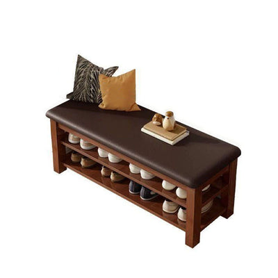 Traditional Chinese Faux Leather Solid Wood MDF Rounded Rectangle Shoe Bench 2-Tier For Living Room