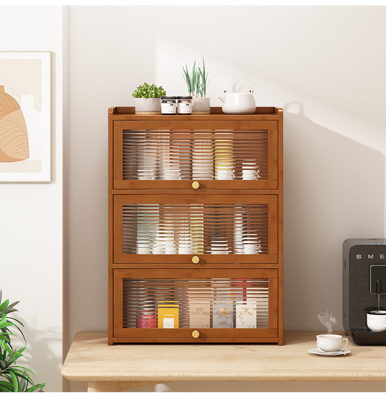 Traditional Chinese Bamboo Acrylic Rectangular Storage Cabinet 2/3/4-Tier For Living Room