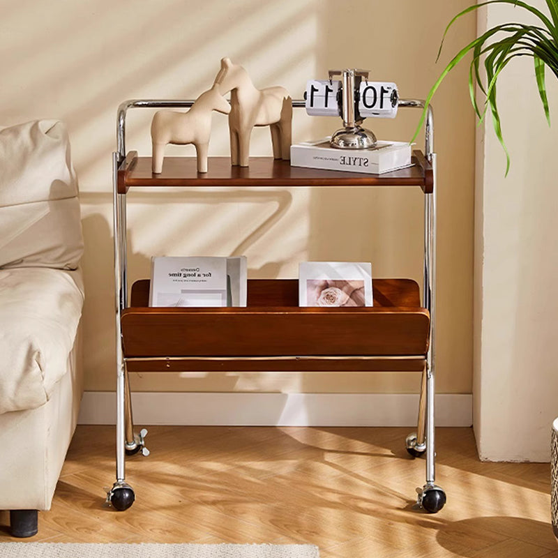 Contemporary Creative Solid Wood Stainless Steel V-Shaped Mobile Side Table 2-Tier For Living Room