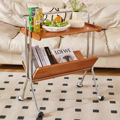 Contemporary Creative Solid Wood Stainless Steel V-Shaped Mobile Side Table 2-Tier For Living Room