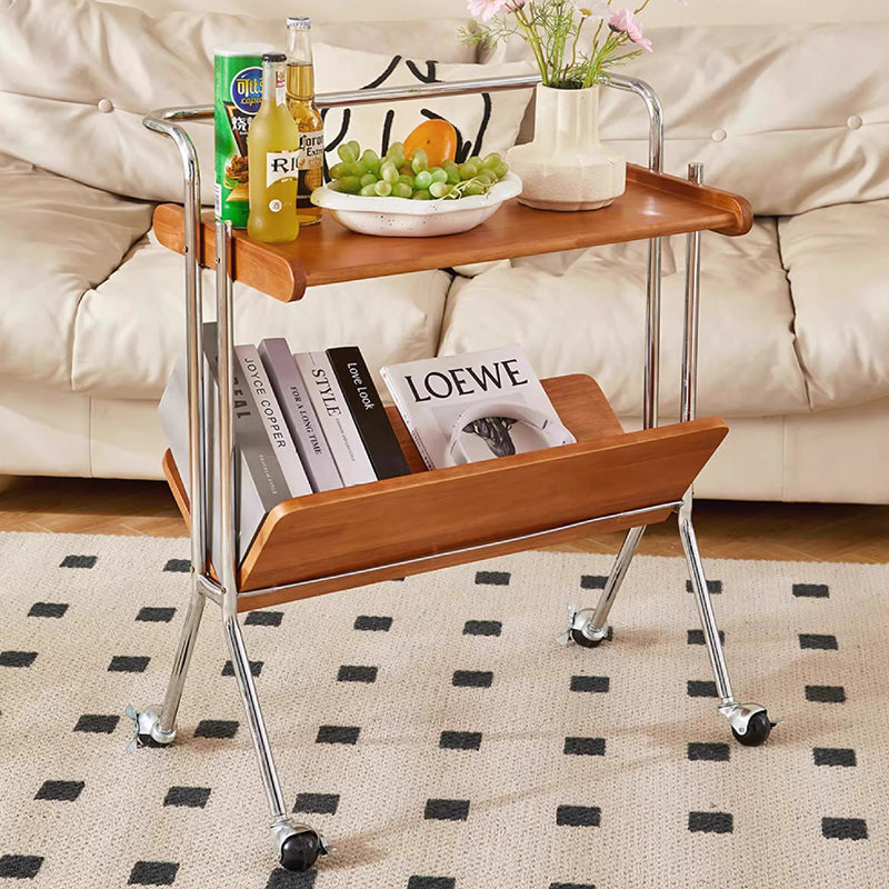 Contemporary Creative Solid Wood Stainless Steel V-Shaped Mobile Side Table 2-Tier For Living Room