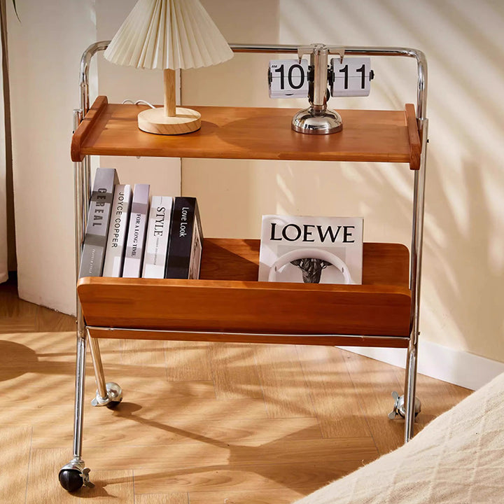 Contemporary Creative Solid Wood Stainless Steel V-Shaped Mobile Side Table 2-Tier For Living Room