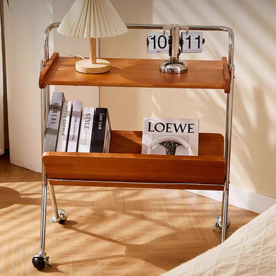 Contemporary Creative Solid Wood Stainless Steel V-Shaped Mobile Side Table 2-Tier For Living Room