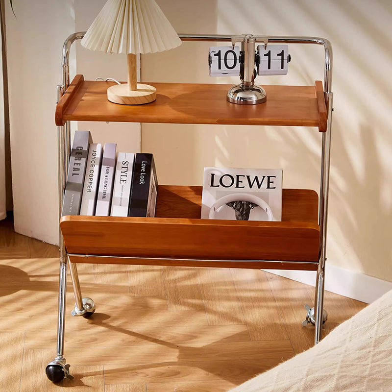 Contemporary Creative Solid Wood Stainless Steel V-Shaped Mobile Side Table 2-Tier For Living Room