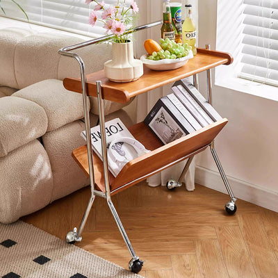 Contemporary Creative Solid Wood Stainless Steel V-Shaped Mobile Side Table 2-Tier For Living Room