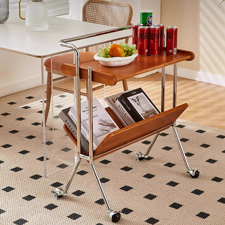 Contemporary Creative Solid Wood Stainless Steel V-Shaped Mobile Side Table 2-Tier For Living Room
