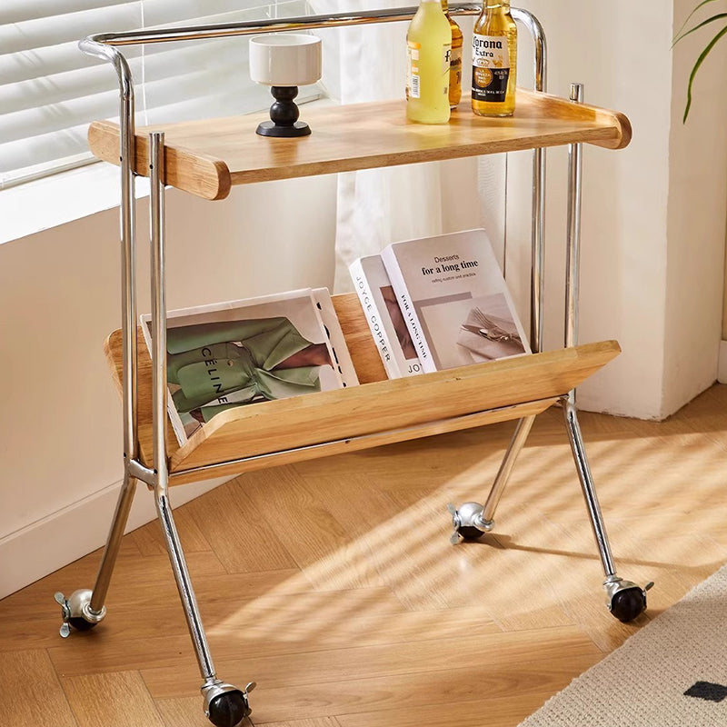 Contemporary Creative Solid Wood Stainless Steel V-Shaped Mobile Side Table 2-Tier For Living Room