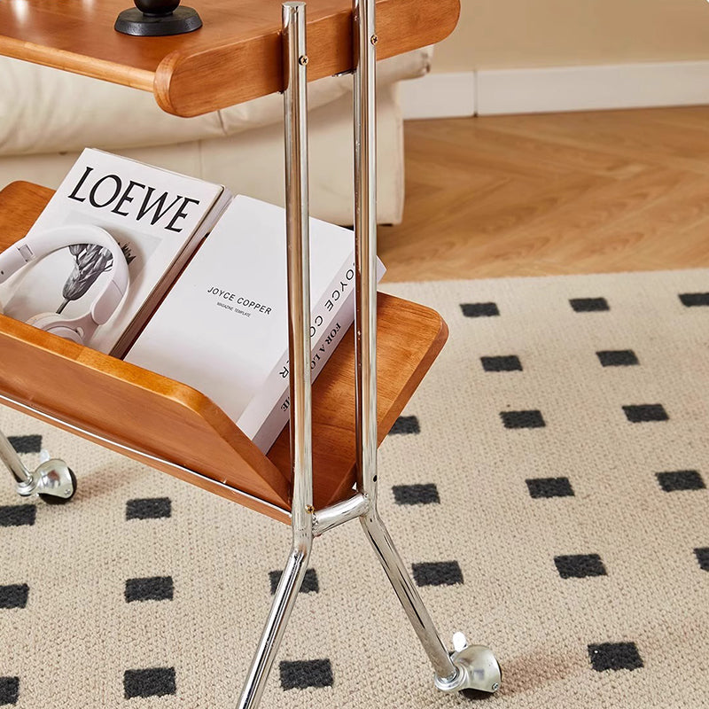 Contemporary Creative Solid Wood Stainless Steel V-Shaped Mobile Side Table 2-Tier For Living Room