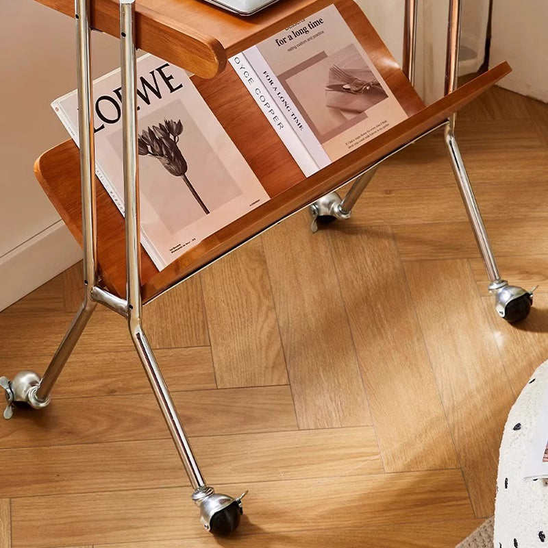 Contemporary Creative Solid Wood Stainless Steel V-Shaped Mobile Side Table 2-Tier For Living Room