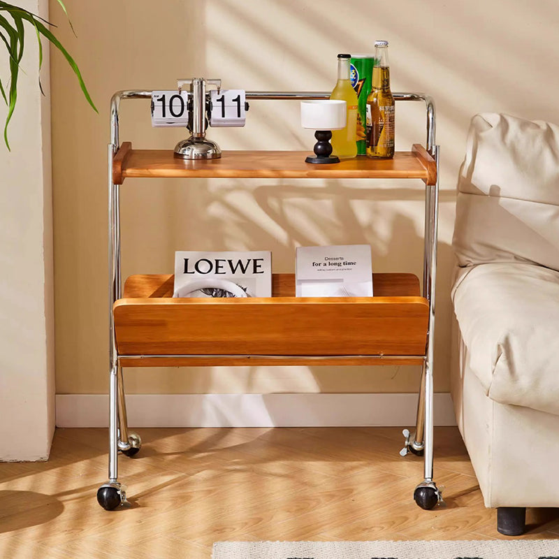 Contemporary Creative Solid Wood Stainless Steel V-Shaped Mobile Side Table 2-Tier For Living Room