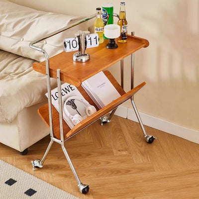 Contemporary Creative Solid Wood Stainless Steel V-Shaped Mobile Side Table 2-Tier For Living Room