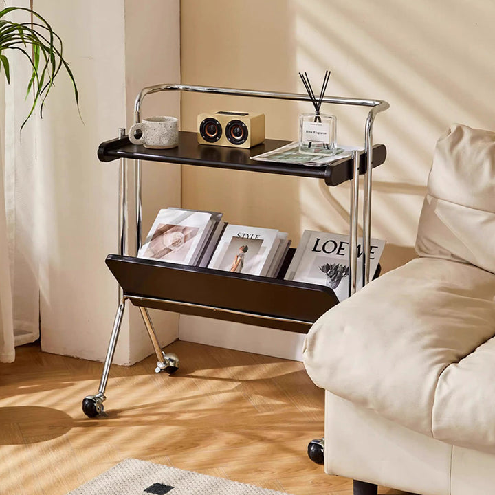 Contemporary Creative Solid Wood Stainless Steel V-Shaped Mobile Side Table 2-Tier For Living Room