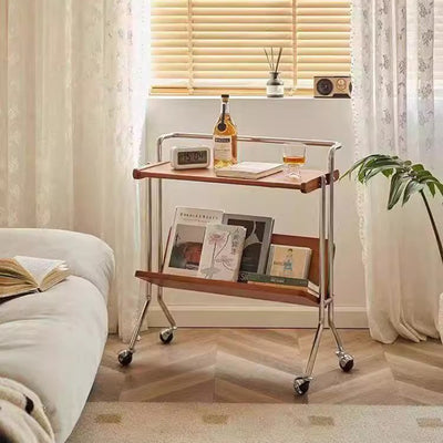 Contemporary Creative Solid Wood Stainless Steel V-Shaped Mobile Side Table 2-Tier For Living Room