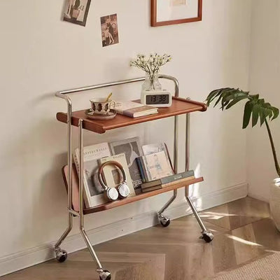 Contemporary Creative Solid Wood Stainless Steel V-Shaped Mobile Side Table 2-Tier For Living Room