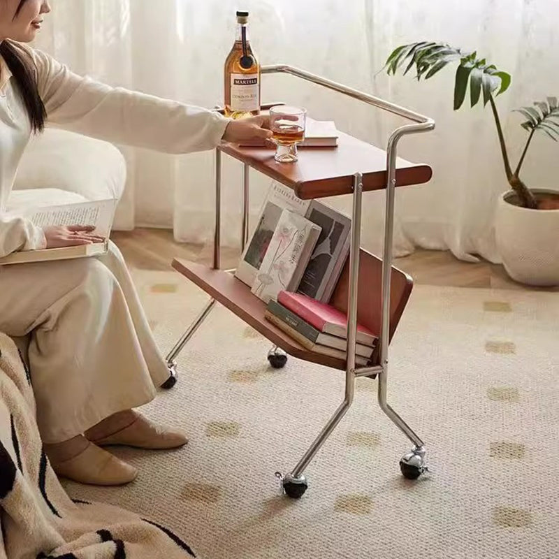 Contemporary Creative Solid Wood Stainless Steel V-Shaped Mobile Side Table 2-Tier For Living Room