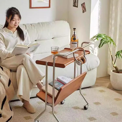 Contemporary Creative Solid Wood Stainless Steel V-Shaped Mobile Side Table 2-Tier For Living Room