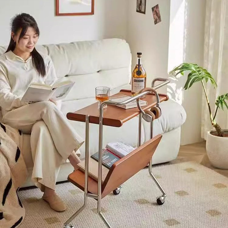 Contemporary Creative Solid Wood Stainless Steel V-Shaped Mobile Side Table 2-Tier For Living Room