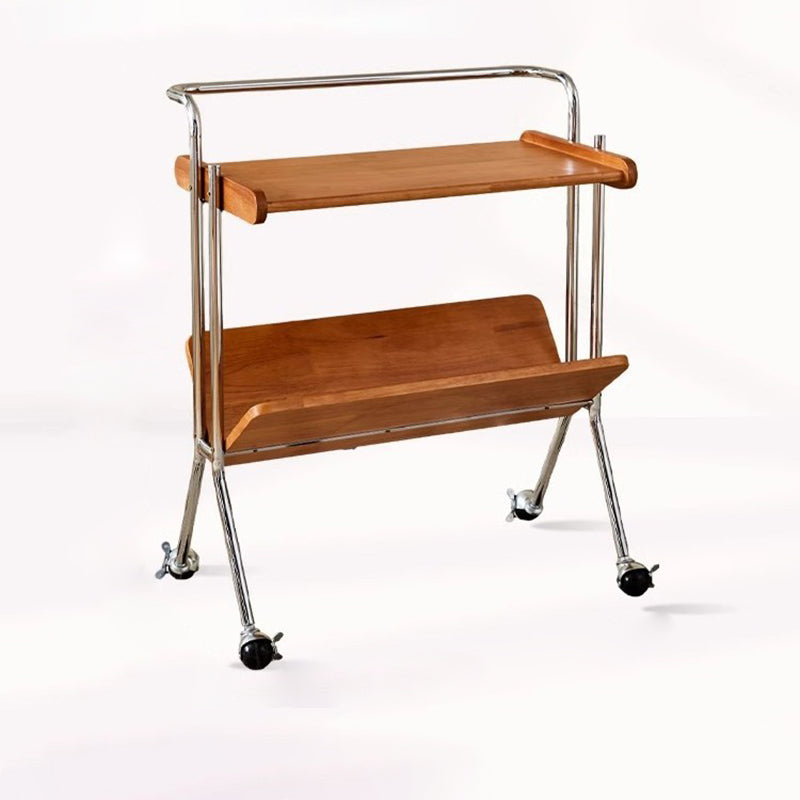 Contemporary Creative Solid Wood Stainless Steel V-Shaped Mobile Side Table 2-Tier For Living Room