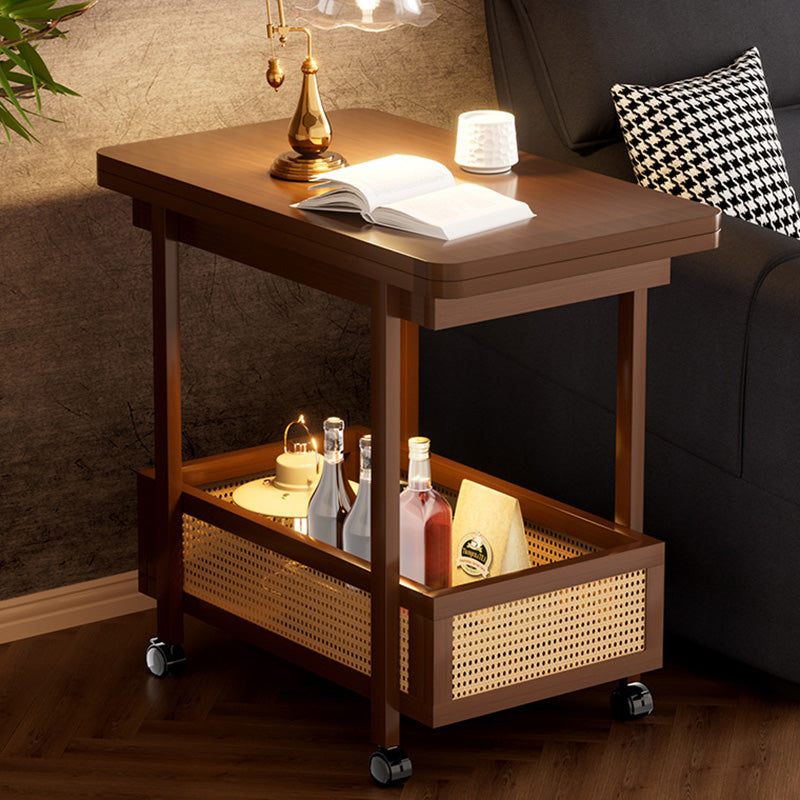 Traditional Chinese Bamboo Rattan Rounded Rectangular Side Table 2-Tier For Living Room