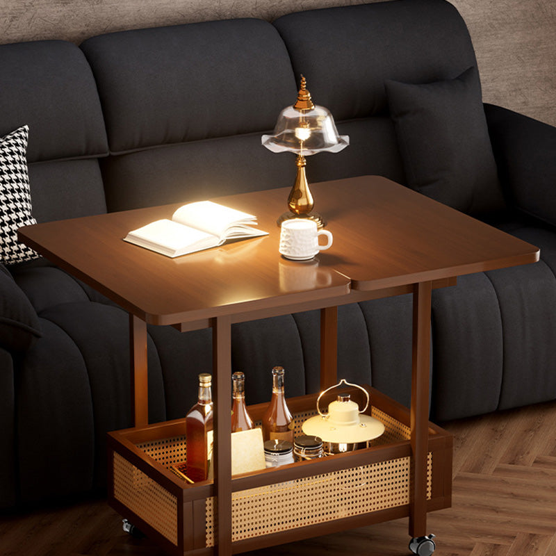 Traditional Chinese Bamboo Rattan Rounded Rectangular Side Table 2-Tier For Living Room