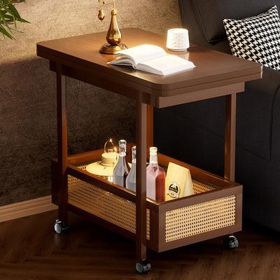 Traditional Chinese Bamboo Rattan Rounded Rectangular Side Table 2-Tier For Living Room