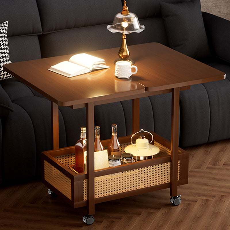 Traditional Chinese Bamboo Rattan Rounded Rectangular Side Table 2-Tier For Living Room