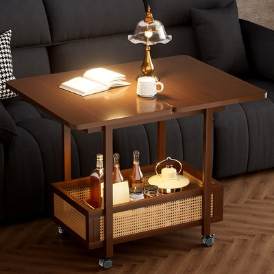 Traditional Chinese Bamboo Rattan Rounded Rectangular Side Table 2-Tier For Living Room