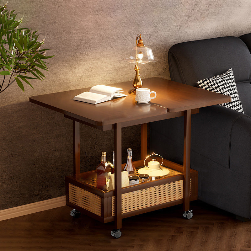 Traditional Chinese Bamboo Rattan Rounded Rectangular Side Table 2-Tier For Living Room