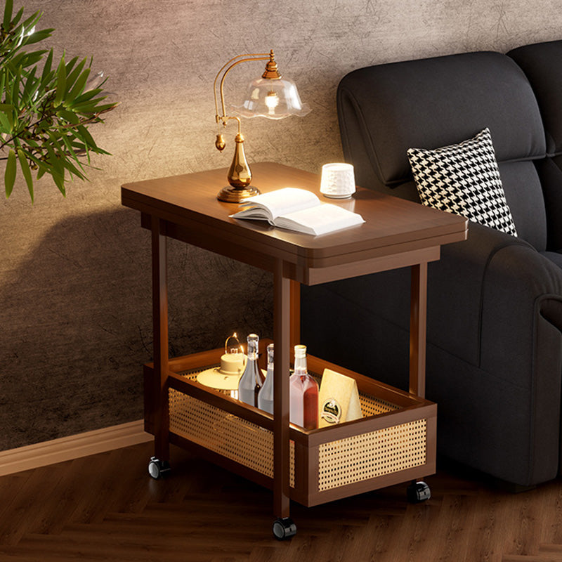 Traditional Chinese Bamboo Rattan Rounded Rectangular Side Table 2-Tier For Living Room