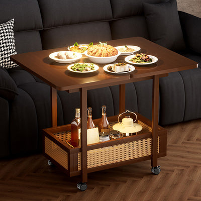 Traditional Chinese Bamboo Rattan Rounded Rectangular Side Table 2-Tier For Living Room