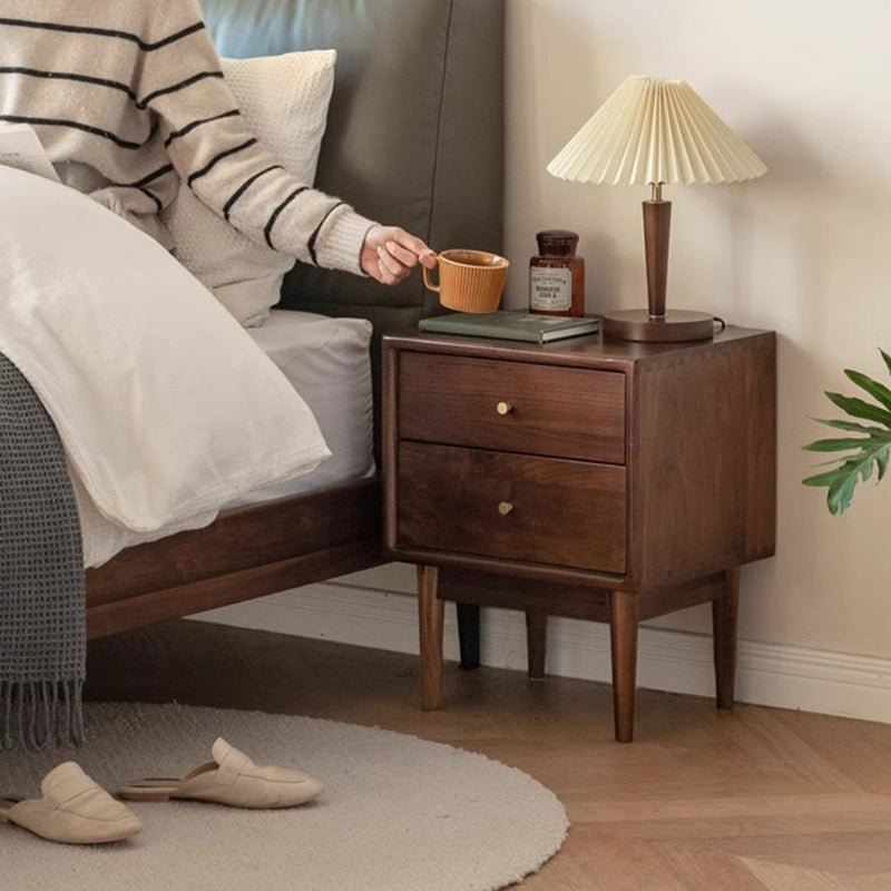 Traditional Chinese Black Walnut & Brass Square Nightstand With 2 Drawers For Bedroom