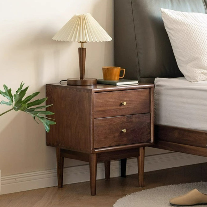 Traditional Chinese Black Walnut & Brass Square Nightstand With 2 Drawers For Bedroom
